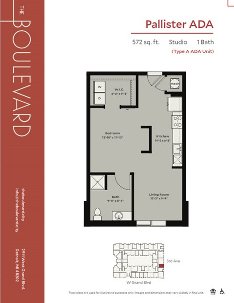 Floor plan for studio, 1 bath, 572 sqft